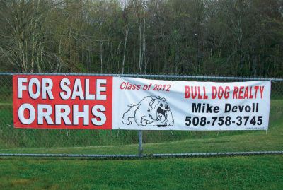 ORRHS For Sale
Driving by ORRHS this week, you might have thought the school was for sale.  The banner, depicted in the picture, was part of the Class of 2012’s Senior Prank.  The banner said the school was for sale and to contact Principal Mike Devoll for inquiries. Photo by Anne Smith.
