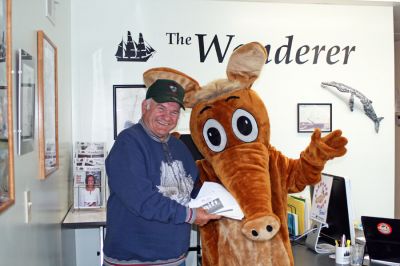 Bingo Winner
The Grand Prize winner in The Wanderers first Aardvark Bingo game was Paul Dion of Rochester, seen here posing with our own Aardvark mascot. Mr. Dion was one of several entrants who successfully filled every space on his bingo card and was drawn to receive a total of $1,000 in gift certificates to participating local merchants. The First Prize runner-up in Aardvark Bingo was Amy S. Mello of Mattapoisett (not pictured), who will receive $250 in gift certificates. (Photo by Kenneth J. Souza).
