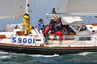 Bermuda Bound
Anjaneya, a Beteau 42, had to be jump-started on the high seas so she could power into port by fellow competitor Cetacea (pictured here at the start of the race), a Hinkley 59. (Photos by Talbot Wilson).
