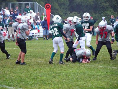 Gridiron Gang
Members of the Old Rochester Youth Football (ORYF) team recently faced off against Dartmouth during their first home game of the season at Bulldog Stadium at ORR High School. The ORYF team will next play the Sakonnet Scooners on Sunday, September 10. (Photo by Robert Chiarito).
