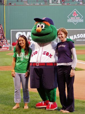 Most Valuable Teacher
Marion resident and ORR sophomore Sarah Walsh (left) poses with ORR teacher Julie Wheeler (right) and "Wally the Green Monster" (center) at Fenway Park during an historic game on September 1. Sarah recently wrote an essay nominating Ms. Wheeler as a Most Valuable Teacher (MVT) as part of a joint program sponsored by the Boston Red Sox and the Massachusetts Teachers Association (MTA) to recognize and honor outstanding teachers. (Photo courtesy of Shaun Walsh).
