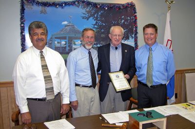 Huntoon Honored
Longtime Water/Sewer Commissioner James Huntoon was presented with a Certificate of Appreciation for his previous 10 years of service to the town by the Mattapoisett Board of Selectmen during their recent meeting. Pictured (l. to r. ) are Selectman Stephen Lombard, Selectmen Chairman Raymond Andrews, James Huntoon, and Selectman Jordan Collyer. (Photo by Kenneth J. Souza).
