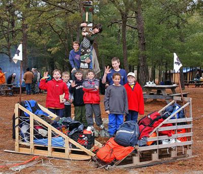 Iditarod Derby Webelos
Webelos from Pack 53 in Mattapoisett pose after completing the recent Iditarod Derby at Camp Cachalot on February 4, 2006. Pictured with the racing sleds are (l. to r.) Colon Stellato, Nick Piva, Robby Magee, Haakon Perkins, Cory Gaspar, Lee Estes, Jonathan Morton, Alex Buckley, and Callum McLaughlin.

