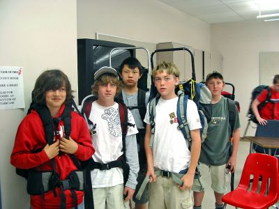 ORR Survivors
Seventh grade students at Old Rochester Regional Junior High School try on their camping gear in preparation for the 2006 Survival Program, a challenging outdoor education program now in its 34th year, that will run from Sunday, June 4 through Saturday, June 10 in Northfield, MA. (Photo by Nancy MacKenzie).
