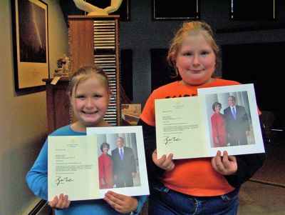 Presidential Commendation
Arissa and Deianeira Underhill pose with copies of personal letters they recently received from President George W. Bush for their efforts in promoting literacy. The two Rochester sisters have donated their time and money toward purchasing books for needy children and were recently interviewed on Bostons Fox 25 Morning News show. The president wrote each of us a note thanking us for doing our part to make the country a better place, said 10-year-old Deianeira. (Photo courtesy of Dawn Underhill).
