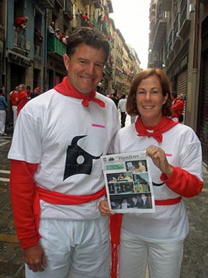 No Bull!
Peter Greco of Mattapoisett and Katie Collins of Marion pose with a copy of The Wanderer in Pamplona, Spain in July 2007 during the Running with the Bulls. (11/08/07 issue)

