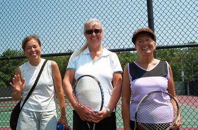 Tennis Club Winners
Three ladies tied for first place in the mixed doubles tennis tournament sponsored by the Mattapoisett Community Tennis Association at Old Rochester Regional High School on June 28, 2008. They were (from left) Michelle Sampson of Marion, MA; Jeani Kahl of Wareham, MA; and Kathy Sires of Onset, MA. (Photo courtesy of Adrian Lonsdale).

