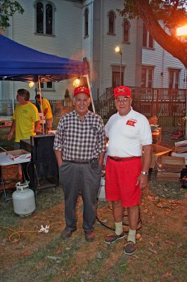 Marion Block Party 2007
Joe Zora and Joseph Napoli of the Benjamin D. Cushing Post VFW 2425 pose during the Block Party in honor the towns World War II and other veterans. Several hundred people attended the event held on Spring Street in front of Marions Town House on Saturday night, August 25. (Photo by Robert Chiarito).
