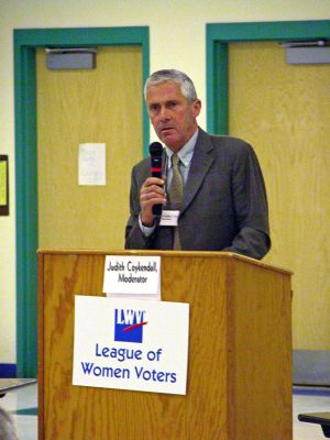 Marion Candidates Face-Off
Selectman candidate Jonathan Henry addresses voters during the recent Marion Candidates Night sponsored by the Tri-Town League of Women Voters held at Sippican School on Wednesday, May 16. (Photo by Robert Chiarito).
