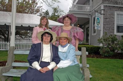 Mattapoisett Birthday Bash
Mattapoisett ladies (back, l. to r.) Dottie Nunes, Bobbie Gaspar, (front, l. to r.) Town Clerk Barbara Sullivan, and Assistant to the Town Administrator Melody Pacheco donned period dresses during Mattapoisett's 150th Birthday Celebration held on Sunday, May 20, 2007 outside Town Hall. (Photo by Tim Smith).
