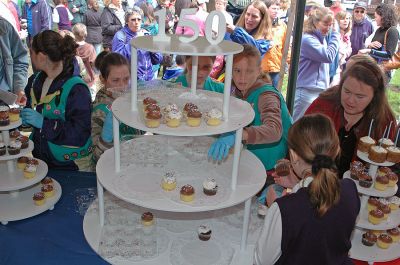 Mattapoisett Birthday Bash
Members of the Mattapoisett Girl Scout troop served 150 cupcakes to the crowd during Mattapoisett's 150th Birthday Celebration held on Sunday, May 20, 2007 outside Town Hall. (Photo by Tim Smith).
