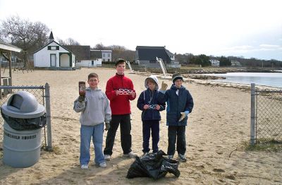 Cub Scouts Clean Up
Members of Mattapoisetts Cub Scout Den #1 cleaned the Mattapoisett Town Beach and parking lot while working on their citizenship achievement recently on April 7. Pictured here at the beach cleanup are (l. to r.) Kyle Boyle, James Leidhold, Lars Eklund and Owen Lee. (Photo courtesy of Elizabeth Leidhold).
