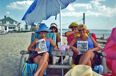 Beach Reading
(front, l. to r.) Joanne Fitts Bobola, Dona Morgan, (back, l. to r.) Judy Joaquim Harrison, and Linda Mello pose with a copy of The Wanderer at a beach in North Turo during a recent vacation trip.
