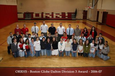 Dalton Award
Old Rochester Regional High School coaches and team captains gather to celebrate the Dalton Award. ORR High School Athletic Director Bill Tilden announced that the school has received the Boston Globe Dalton Division 3 Award. The award is named in honor of Ernest Dalton, the Boston Globe high school sports editor from 1938-1970 who died in 1971. (Photo courtesy of Jane McCarthy).

