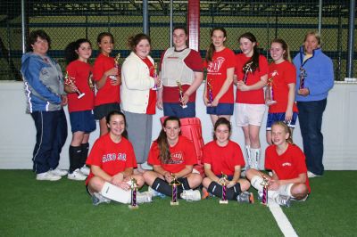 Girls' Goal!
The girls indoor field hockey team from Old Rochester Regional Junior High School remained undefeated in their final six-week session at the Bridgewater Sports Dome. Coaches Kate Souza (left) and Polly Lawrence (right) volunteered their time each Monday night for 24 weeks from October to April, ending the season with a championship game against Mansfield.
