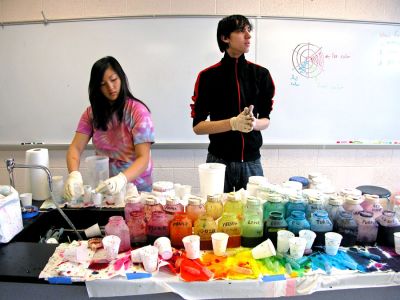 Tie-Dyed at ORR
Students in Ms. Gauvins eighth grade science class at Old Rochester Regional Junior High School learned about chemical reactions and colors during a tie-dye shirt-making session held this past week. UMass Dartmouth Chemistry Professor Tobey Dills (right background) and members of the UMass Dartmouth Chemistry Club were on hand to supervise the proceedings. Each student made their own cotton tie-dyed shirt which they will wear to school as part of a planned Tie-Dyed Day. (Photo by Kenneth J. Souza).
