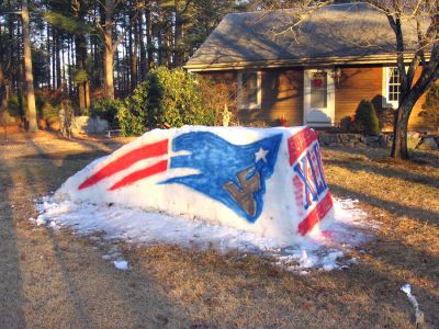 Pats Pride
Even though they didn't clinch the Super Bowl, Mattapoisett residents Mark and Judy Mooney passed along a photo of their snow-crafted tribute to the New England Patriots which was made following the recent snow storm to honor a great team. (Photo courtesy of Judy Mooney).

