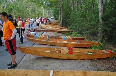 Lining Up
Racers wait alongside their handbuilt wooden boats for the start of the 2007 Memorial Day Boat Race on the Mattapoisett River which began at Grandma Hartley's Reservoir in Rochester on Monday morning, May 28. (Photo by Tim Smith).
