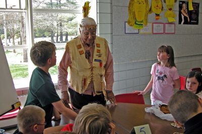 History Lessons
Volunteer members of the Rochester Historical Society presented a diverse program about the town's rich history to members of the Grade 3 classes at Memorial School on Monday, April 30. Among the various topics covered were the first Native American settlers, how early Rochester residents dressed and ate, and what type of games and pasttimes former residents enjoyed. (Photo by Kenneth J. Souza).
