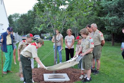 Seeds of Liberty
Members of Rochester Boy Scout Troop 31 who participated in the recent dedication of a newly-planted Liberty Elm tree on the front lawn of the Plumb Memorial Library in Rochester included (from left) Sam York, Scoutmaster Mr. Bernier, Jeremy Stubbs, Chris Bernier, and Chad Underhill. The troop presented a framed version of Thomas Paines poem Liberty Tree to Rochester Selectman Richard Nunes to be hung within Town Hall. (Photo by Kenneth J. Souza).

