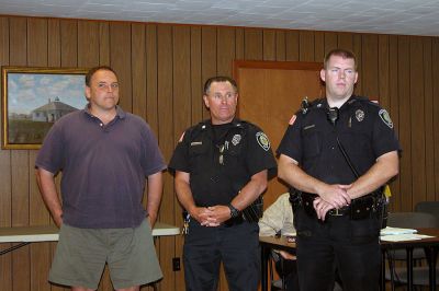 Rochester Officers Commended
(L. to R.) Rochester Dispatcher Jonathan Weedall, Officer John Barnes, and Officer Sean Crook were recently commended by Police Chief Paul Magee and the Board of Selectmen for helping to capture an armed and dangerous bank robbery suspect on June 1 in Rochester. (Photo by Kenneth J. Souza).
