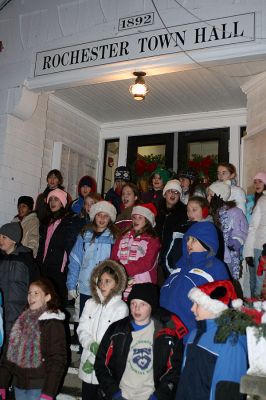 Tree Lighting
Members of the Memorial School student chorus sang holiday classics for the town's annual Christmas Tree Lighting held outside Town Hall on Monday evening, December 8. (Photo by Kenneth J. Souza).
