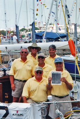 Bermuda Bound
Crew members aboard the Marion-based SEAFLOWER during the 2001 Marion-Bermuda Race include Captain/Owner Ron Chevrier, Charlie Brown, Ray Cullum, Mike Davis, Bob Kostyle and David Risch. The crew reunited in 2007 to once again make the trek from Marion to Bermuda. (Photo courtesy of Ron Chevrier).
