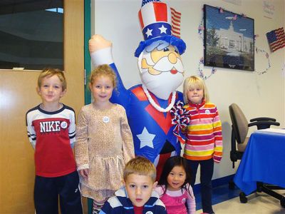Mock Election
Students in Suzanne White's Kindergarten class at Sippican School in Marion participated in a mock presidential election on October 28. Among them, from left: Dylan Lloyd, Daphne Poirier, James Houck, Rachael Fantoni, and Kari Marvel. (Photo courtesy of Laura O'Rourke).
