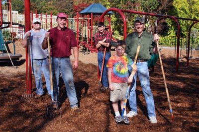 Playground Upgrade
A small, dedicated group of volunteers recently helped to spread 90 yards of mulch at Sippican School in Marion on Saturday, October 11. Originally built in 2004, the playground ground cover naturally decomposes over time and needs to be filled in periodically. Among them (from left) Robby English, Matthew Van Der Pol, Jack Durocher, Michael Fisher and Rob Fisher. (Photo courtesy of Jane McCarthy).

