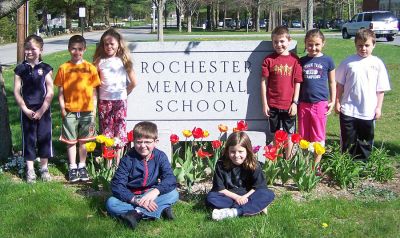 Blooming Bulbs
Last November, the second graders of Rochester Memorial School planted numerous daffodil, tulip, hyacinth and crocus bulbs. The bulbs were provided through a grant from the North American Flower Bulb Wholesales Association and they are now blooming! The gardening efforts have produce several beds of vivid springtime color in front of the building and around the schools sign. (Photo courtesy of Connie Holt).
