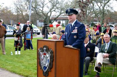 Marion Veteran's Day 2011
Col. Timothy M. White, United States Air Force, an instructor at the Naval War College of Newport, Rhode Island gives the main address at the Marion Veterans Day ceremony on November 11, 2011. Photo by Robert Chiarito.
