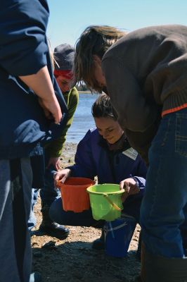 Buzzards Bay Coalition
One of the educational events the Buzzards Bay Coalition had planned for April vacation brought kids to the 6.1-acre property to explore the marshy beach for a scavenger hunt. The osprey from a nearby nest kept a close eye on the group until the treasures were tallied and the group waded back down the mud-puddled path to the road. Photo by Jean Perry
