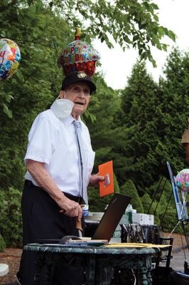 100th Birthday
Paul Brown, Mattapoisett resident and a World War II veteran, was celebrated on Friday, July 24 on his 100th birthday, by the Marine Corps League of New Bedford and a gathering of local supporters. Photos by Mick Colageo
