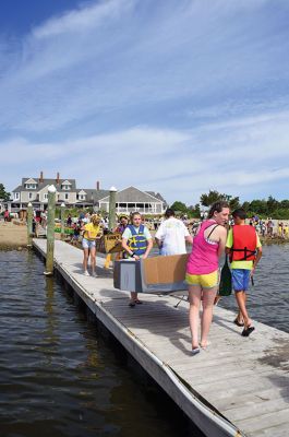 The Scoop on S.C.O.P.E. 
ORRJHS 7th-grade students participated in the annual S.C.O.P.E. cardboard boat race at the beach at the Mattapoisett YMCA last Wednesday, June 20. The students engineer and build their boats – some sink, some sail – and this year team “Funky Monkey” came in first place. There were 15 boats in all this year, all created by teams of four. Photos by Glenn C. Silva
