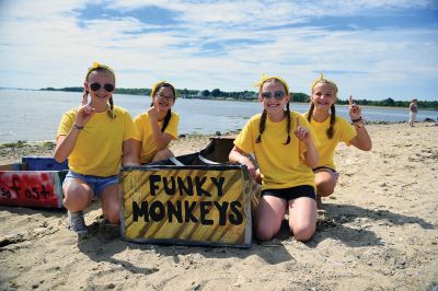 The Scoop on S.C.O.P.E. 
ORRJHS 7th-grade students participated in the annual S.C.O.P.E. cardboard boat race at the beach at the Mattapoisett YMCA last Wednesday, June 20. The students engineer and build their boats – some sink, some sail – and this year team “Funky Monkey” came in first place. There were 15 boats in all this year, all created by teams of four. Photos by Glenn C. Silva
