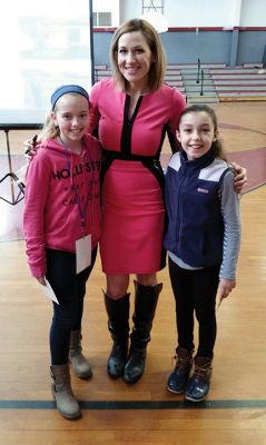 Lights, Camera, Action
A group of ORR High School, Junior High, and Sippican School students were invited to the 2016 New England “Lights, Camera, Action” TV/Film Conference at Millis High School on April 6. Sippican School 5th grade “Cub Reporters” Ana Noone (left) and Rosie Lally (right) attended a workshop by Fox 25 Meteorologist Sara Wroblewski (center) who gave the girls insight on careers in meteorology, science, and broadcasting. Photo courtesy of Frank Noone
