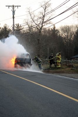 SUV Fire
An SUV was completely consumed by a fire in Rochester on Braley Hill Road, on Saturday evening, January 7, 2012. A passing motorist saw the flames and helped direct the occupants to safety. No injuries were reported, but Police Chief Paul Magee reported that the vehicle was a "total loss". Photo by Laura Fedak Pedulli.
