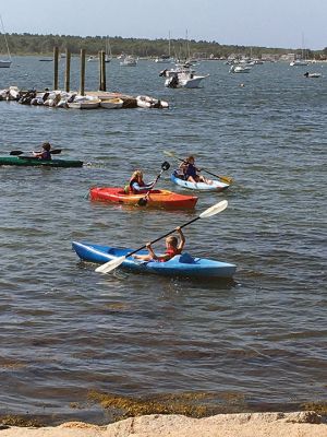 Kayak Clinic
August 9 and 10, the Mattapoisett Land Trust in partnership with the Mattapoisett Recreation Department held two kayak clinics for children ages 8 to 12. MLT volunteers provided safety instructions, a major focus of the program. Kayak introductory instruction has been provided by the two organizations for six years. This year local photographer and author Donna Lee Tufts greeted the children at the end of the program, sharing her thoughts of the joy of kayaking and presenting each child with a copy of her b
