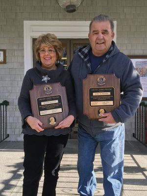 Ken and Mel Pacheco 
Mattapoisett power couple Ken and Mel Pacheco each received the Melvin Jones Fellowship Award at the December Mattapoisett Lions Club meeting. Photo courtesy of Michael Gagne
