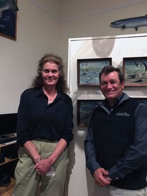 San Jose Shipwreck
Elizabeth Leidhold, director of the Marion Natural History Museum, thanks Dr. Jeff Kaeli of the Woods Hole Oceanographic Institute on June 7 after his presentation on the San Jose shipwreck. The ship is reported to have been carrying $17 billion in gold, silver, and precious gems. Photo by Marilou Newell
