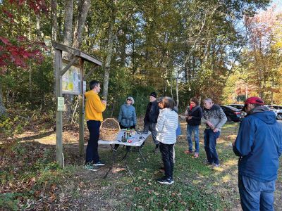 Marion Natural History Museum
On Saturday, October 18, the Museum Community Program participants enjoyed a beautiful fall day walking Rochester's Shoolman Preserve looking for mushrooms. Mushroom enthusiast Adam Korejwa led our walk through the Oak and Pine upland forest looking for these fascinating specimens. We heard about how the mushroom is merely the fruiting body of the wide network of mycelium which connects all plant and fungal species in order to exchange nutrients and warns of adverse conditions.  We saw how some Boletes mush
