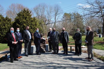 Marion CARES
Plymouth County Commissioner Greg Hanley speaks about CARES Act funding to a gathering including fellow Commissioner Jared Valanzola, County Treasurer Tom O’Brien, County Register of Deeds John Buckley Jr., Esq., Marion Town Administrator Jay McGrail, Marion Finance Director Judy Mooney, and Selectmen Randy Parker, Norm Hills, and John Waterman. The group assembled on April 2 at the Elizabeth Taber statue in Bicentennial Park for the delivery of a $150,000 COVID-related reimbursement check. Photos by Mick C
