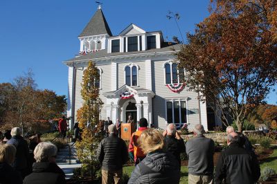 Marion Town House
November 6 dedication of the Marion Town House. Select Board member Randy Parker cuts the ribbon, reopening the renovated Town House to Marion citizens. Sherman Briggs, Nate Burgess, Shaun Cormier, Francisco Tavares, Peter Turowski and Mike Vareika were among contributors recognized during the festivities, after which visitors were invited inside the building where renovation work is ongoing. Photos by Mick Colageo
