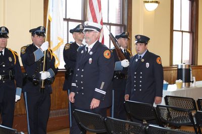 Marion’s new Fire Chief 
Marion’s new Fire Chief Brian Jackvony was sworn in on June 30 during a ceremony at the Marion Music Hall with the Board of Selectmen. Jackvony comes to Marion from the Town of Cumberland, Rhode Island where he was the assistant fire chief for eight years, after 24 years with the Providence Fire Department. Photo by Jean Perry
