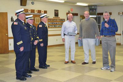 Marion Fire Department
The Marion Fire Department celebrated the careers of three of its retiring firefighters on November 8. Deputy Chiefs William Scott, Charles Blanchette, and Scott Cowell were toasted (and roasted) by Marion Fire Chief Thomas Joyce before family and friends at the Marion VFW Saturday night. The wives of MacDougal and Blanchette, and the daughter of Cowell, attached new deputy chief badges on the three gentlemen during the pinning ceremony, and the three selectmen honored the retiring chiefs with gifts. 
