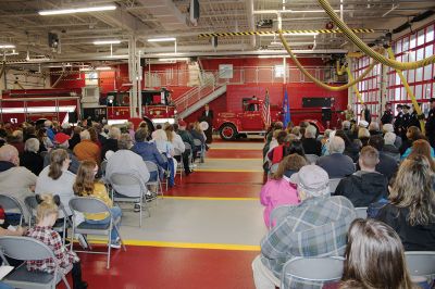 Mattapoisett Fire Station
The Mattapoisett Fire Station Building Committee has seen through to completion the town’s new facility on Route 6. Before the December 11 raising of the American flag, hundreds gathered inside to hear from the committee’s members and town officials. Fire Chief Andrew Murray presented the shovel that first broke ground to Committee Chairman Mike Hickey and certificates of appreciation to Hickey, Committee member William Kantor, Fire Department Captain Jordan Collyer, Photos by Mick Colageo
