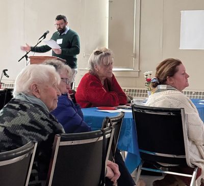 Mattapoisett Museum
After a general meeting and lunch, speaker Connor Gaudet, Mattapoisett Museum curator, told stories of local criminals of old. Photo by Jennifer Shepley.
