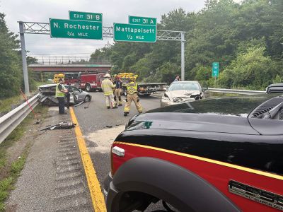 Mattapoisett Fire
Mattapoisett Fire Chief 1, Engine 2, Engine 4, and Rescue 1 responded to a two-car crash on July 21 on Route 195 east. Traffic was significantly impacted. It was the second motor-vehicle crash of the day, following one on Friday morning at North Street and County Road. Photo courtesy Mattapoisett Fire/EMS
