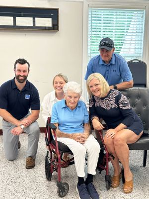 Maureen Riley
Rochester resident Maureen Riley, 102, was honored last week with the Boston Post Cane at the Rochester Senior Center. Minhtram Tran represented Plymouth County, and Maureen Flanagan represented the office of Senator Michael Rodrigues in recognizing Riley. Photos by Jeff Wagner
