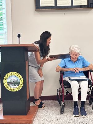 Maureen Riley
Rochester resident Maureen Riley, 102, was honored last week with the Boston Post Cane at the Rochester Senior Center. Minhtram Tran represented Plymouth County, and Maureen Flanagan represented the office of Senator Michael Rodrigues in recognizing Riley. Photos by Jeff Wagner
